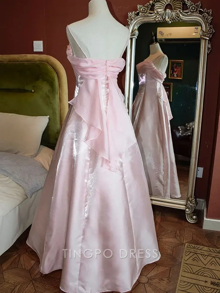 TingPo Wholesale Elegant Pink Vintage Fairycore Shimmering Satin Spaghetti Straps Gown Princess Dress